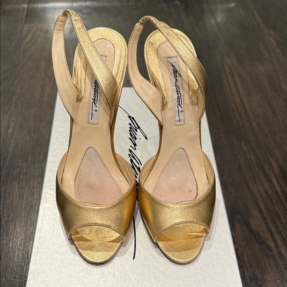 Brian Atwood Gold Peep-Toe Slingback Heels